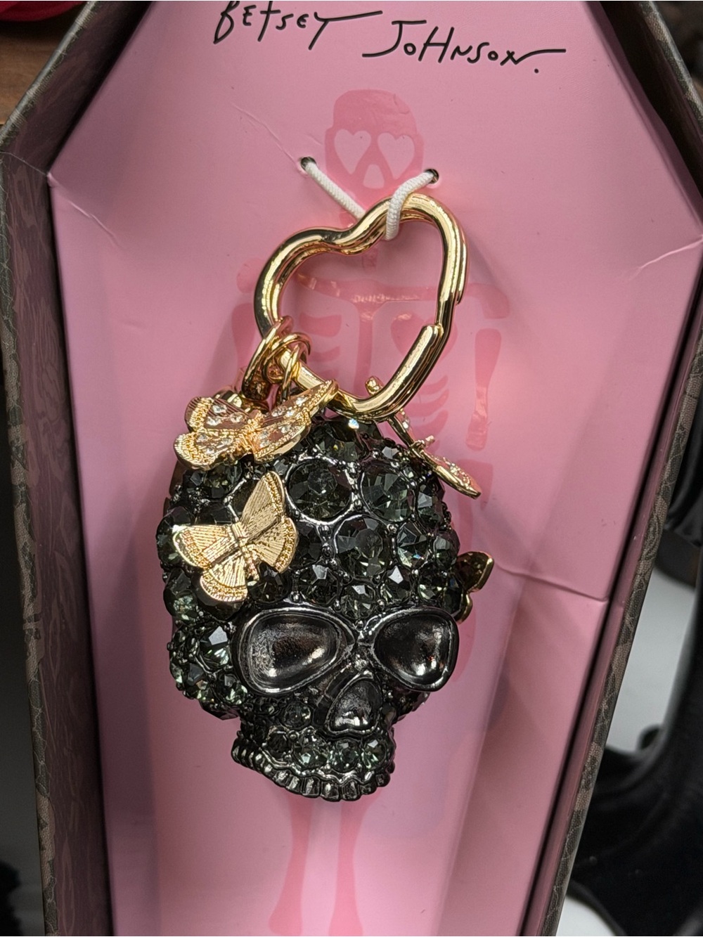 betsey johnson rhinestone skull butterfly bag charm keychain nib